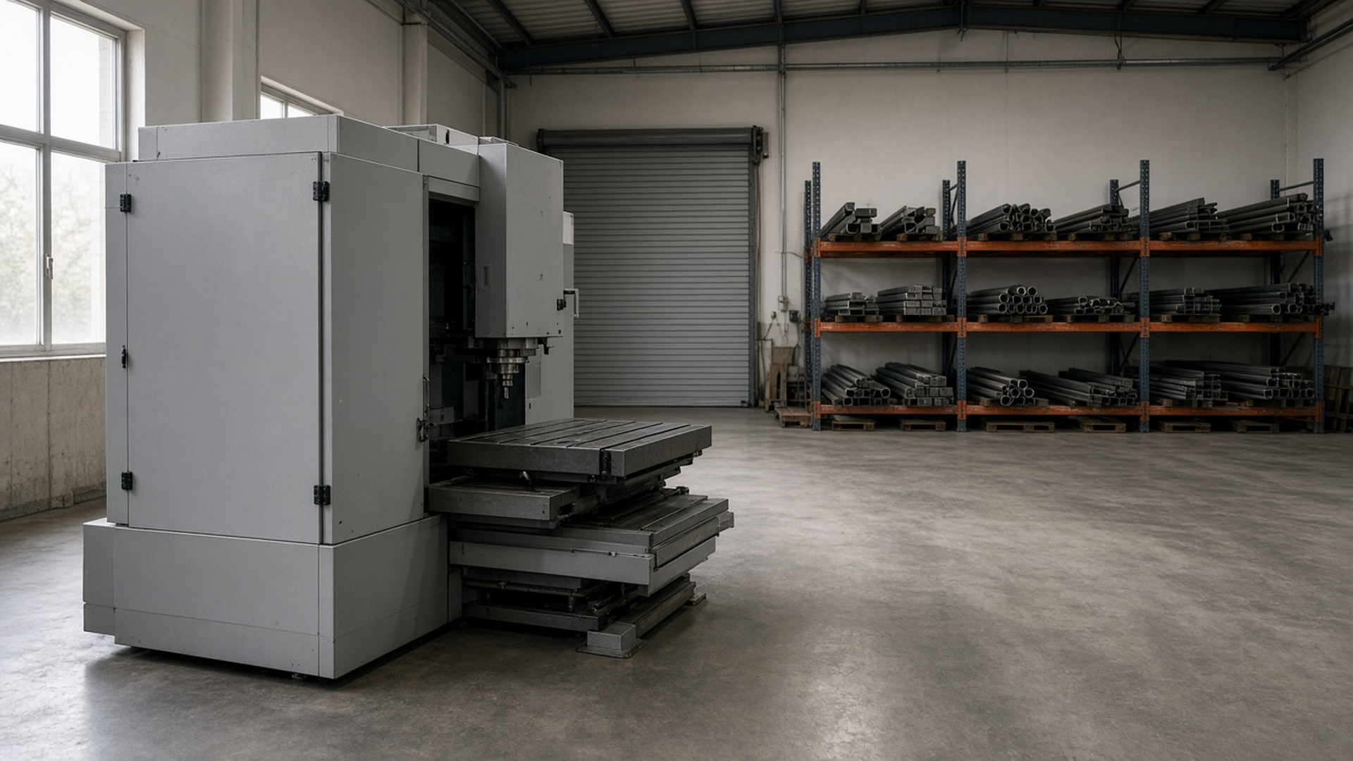 Quiet machine shop before the shift starts, with a CNC milling machine, pallet racks of metal stock and a closed loading dock door.